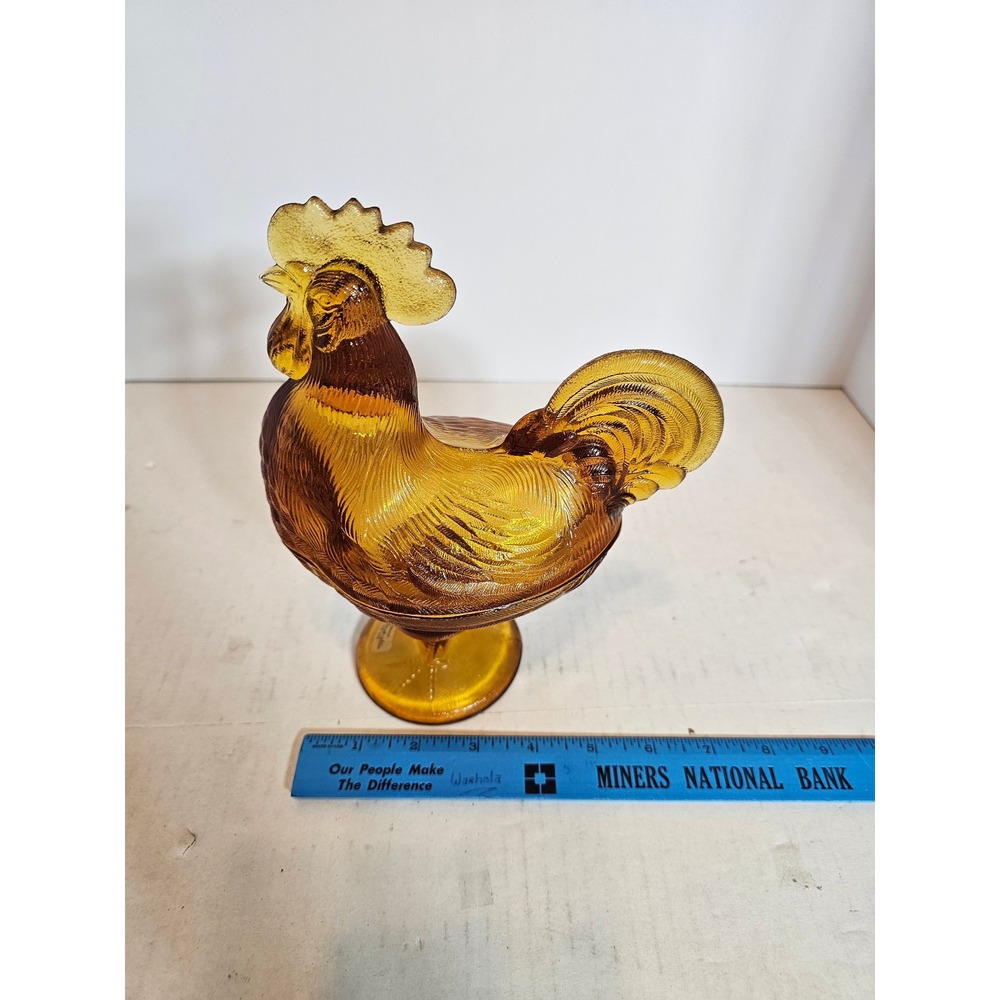 LE Smith Amber Glass Rooster Candy Dish Lidded Pedestal Compote Vintage USA